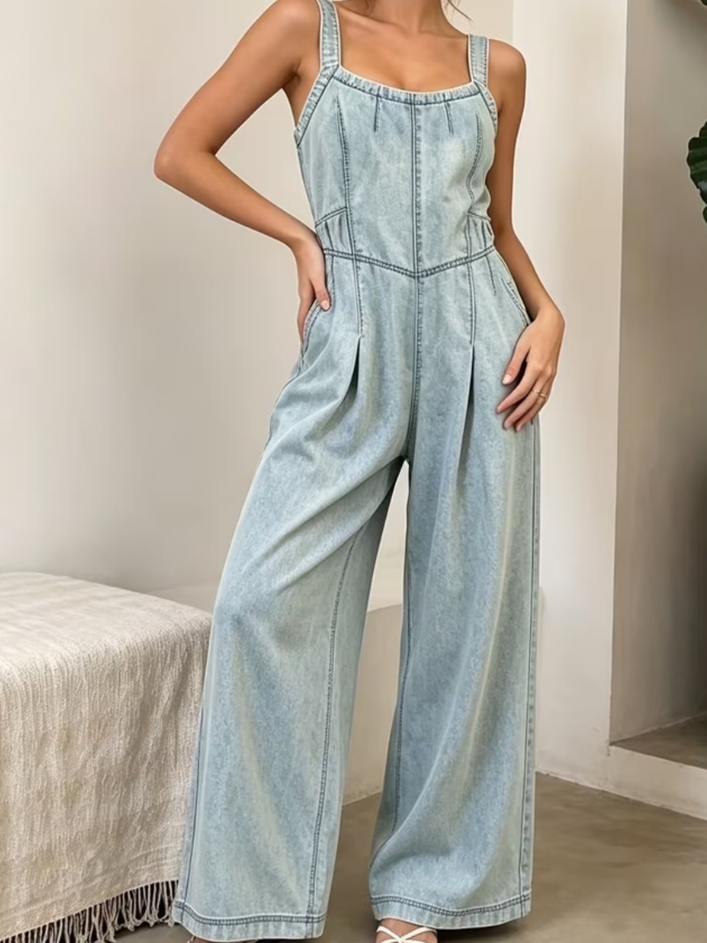 Light Wash Wide-Leg Denim Jumpsuit - Casual Women Jeans
